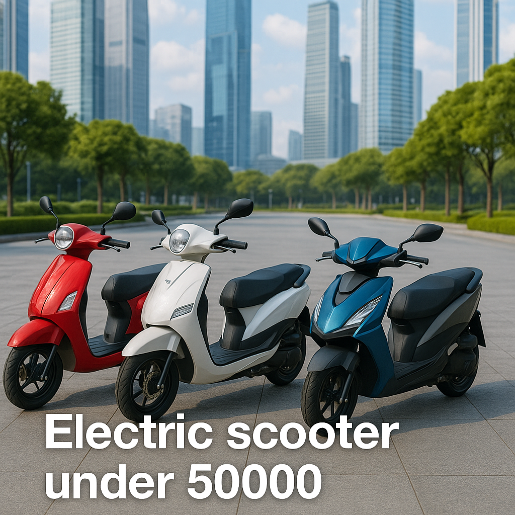 Three electric scooters parked in an urban plaza — electric scooter under 50000 in India, July 2025